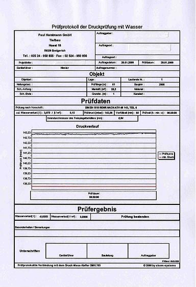 Prüfprotokoll Dichtheitsprüfung Horstmann Kanalarbeiten